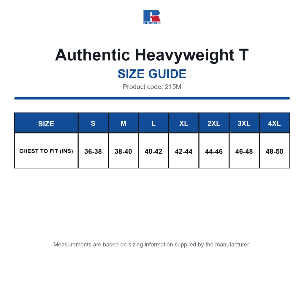 215M Russell Authentic Heavyweight T size guide (215M)