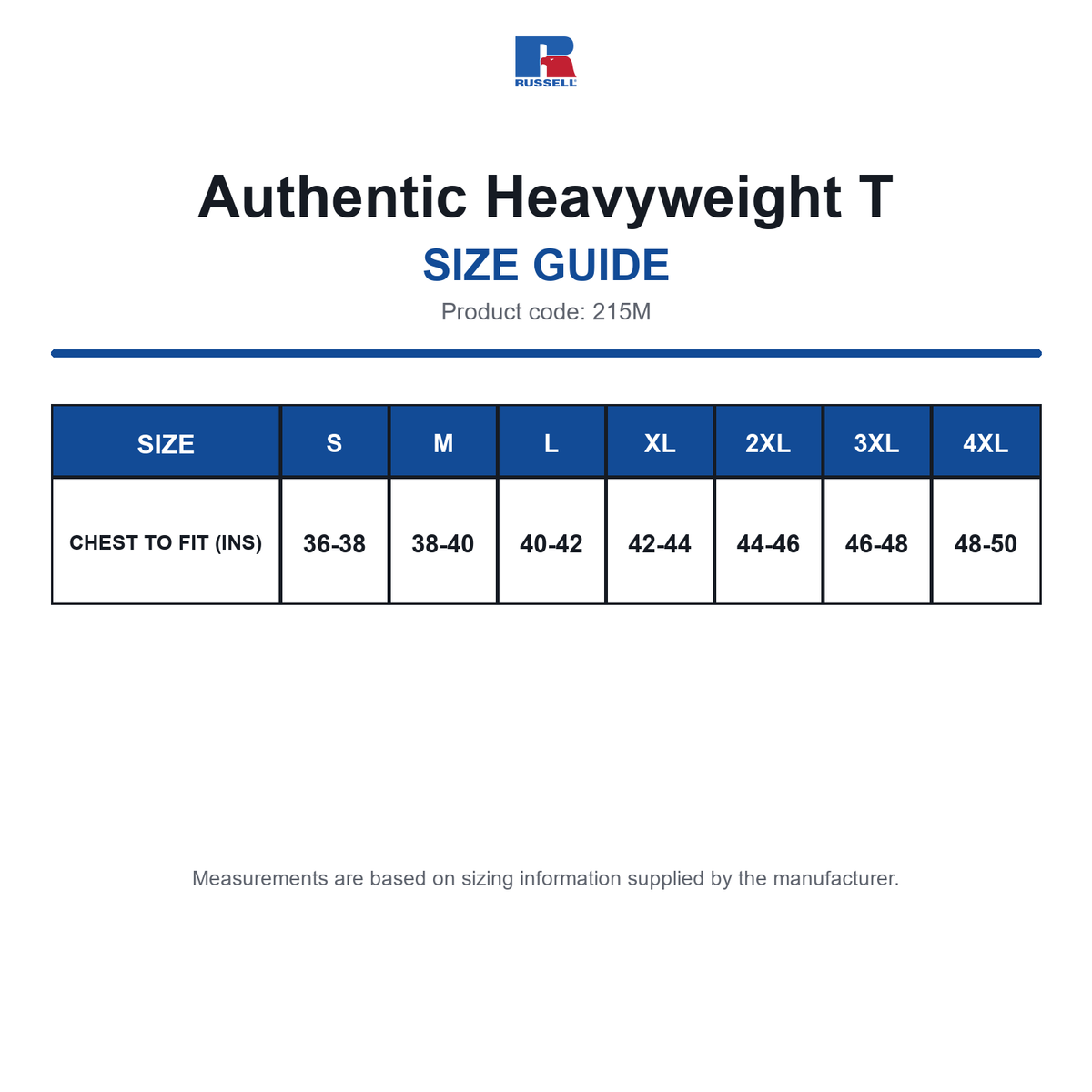215M Russell Authentic Heavyweight T size guide (215M)