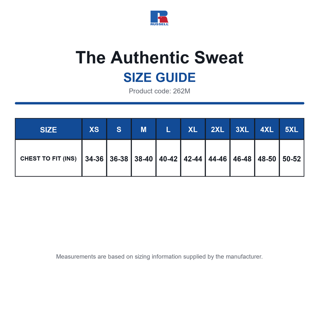 262M Russell The Authentic Sweat size guide (262M)