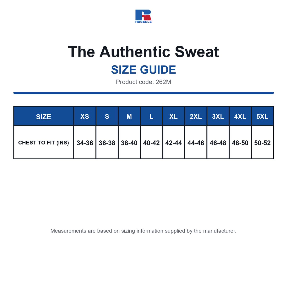 262M Russell The Authentic Sweat size guide (262M)