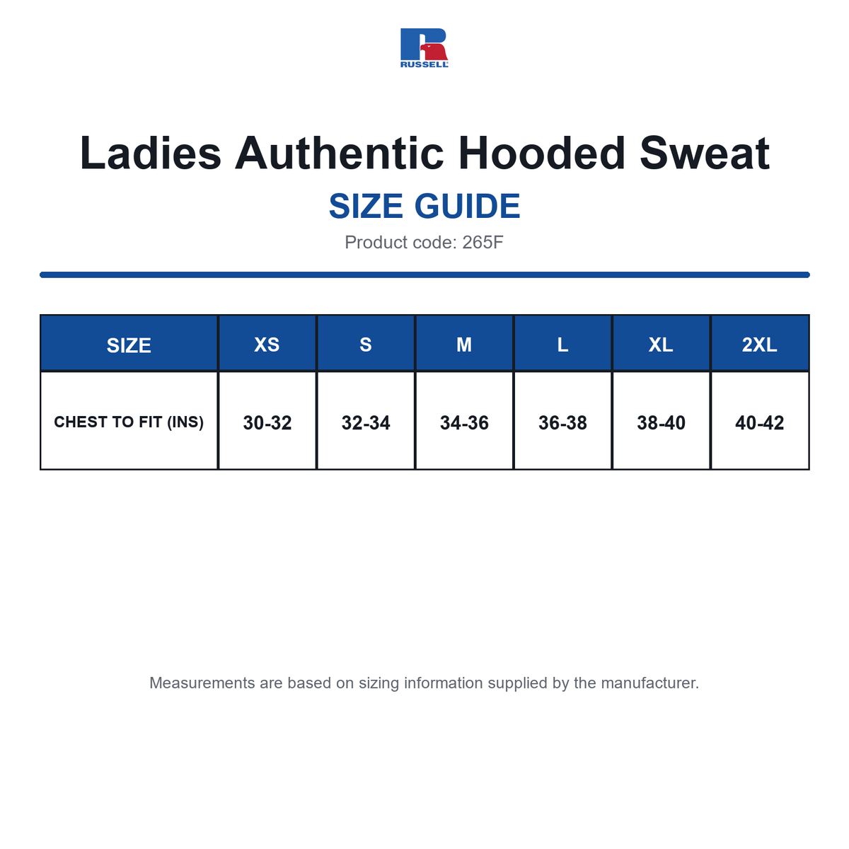 265F Russell Ladies Authentic Hooded Sweat size guide (265F)