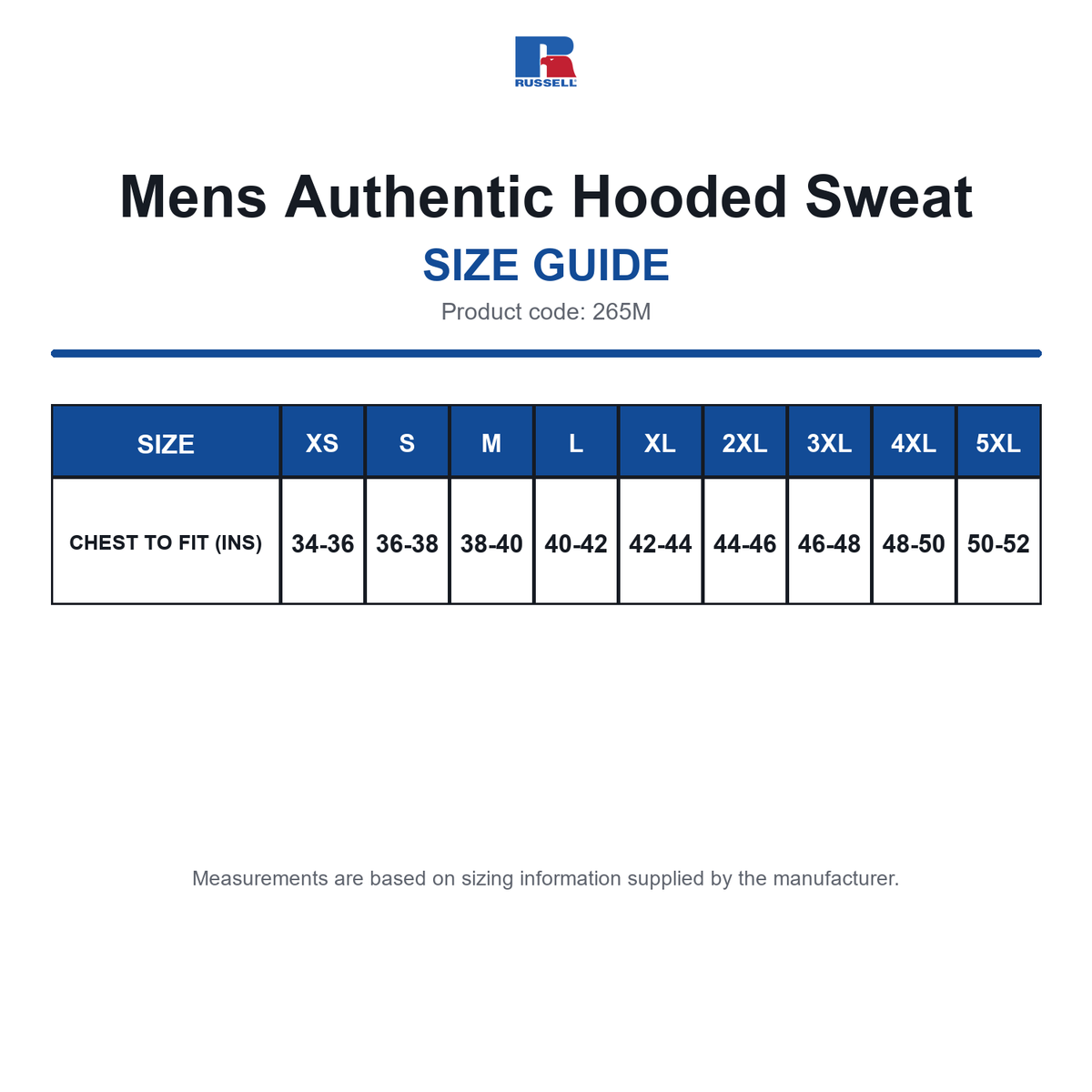 265M Russell Mens Authentic Hooded Sweat size guide (265M)