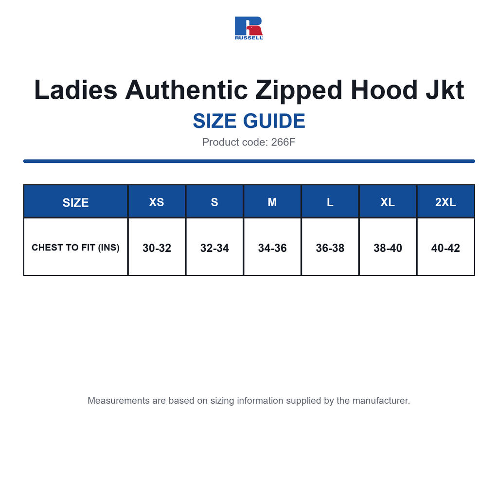 266F Russell Ladies Authentic Zipped Hood Jkt size guide (266F)