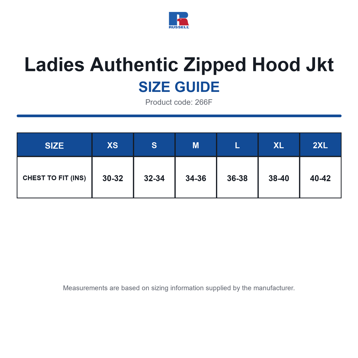 266F Russell Ladies Authentic Zipped Hood Jkt size guide (266F)