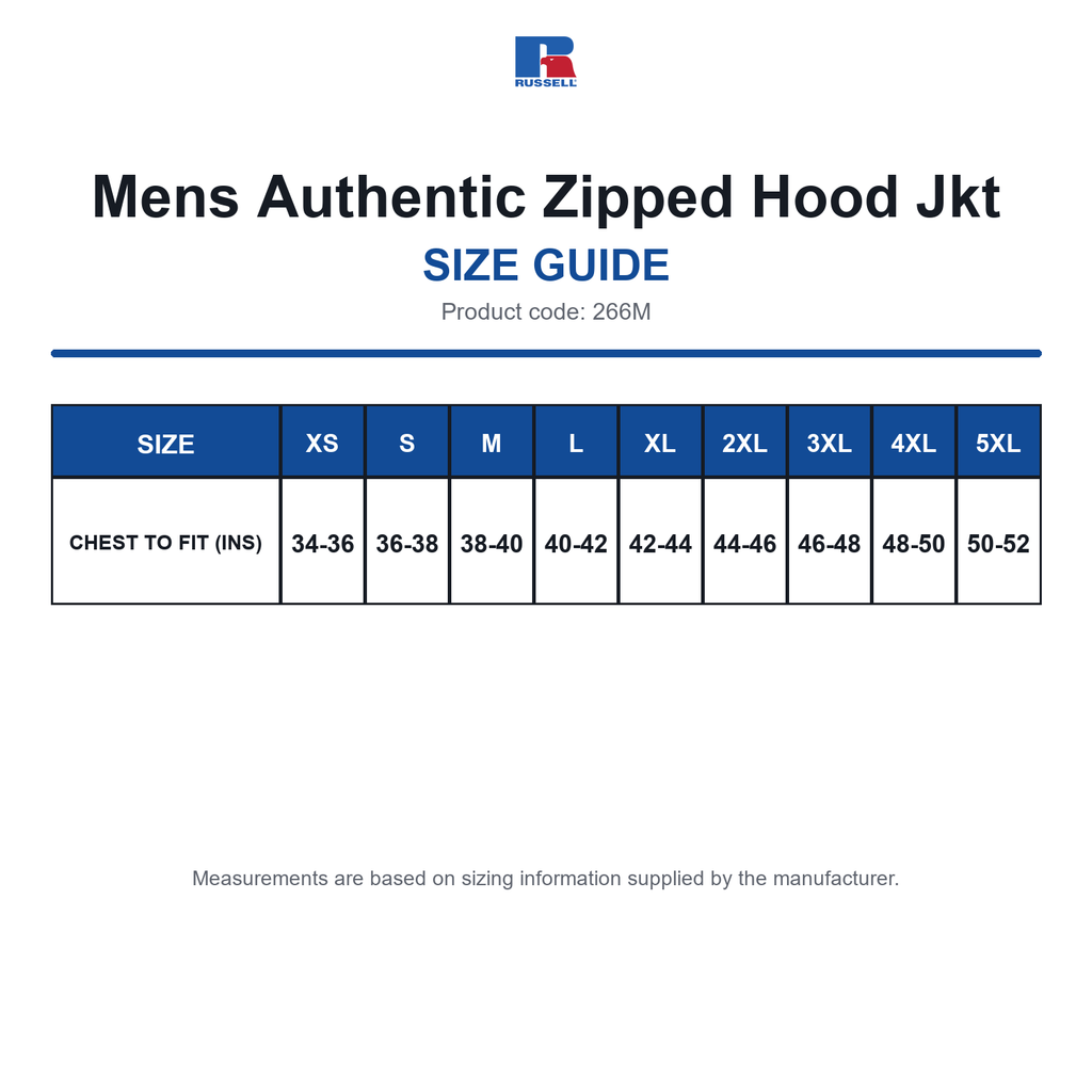 266M Russell Mens Authentic Zipped Hood Jkt size guide (266M)