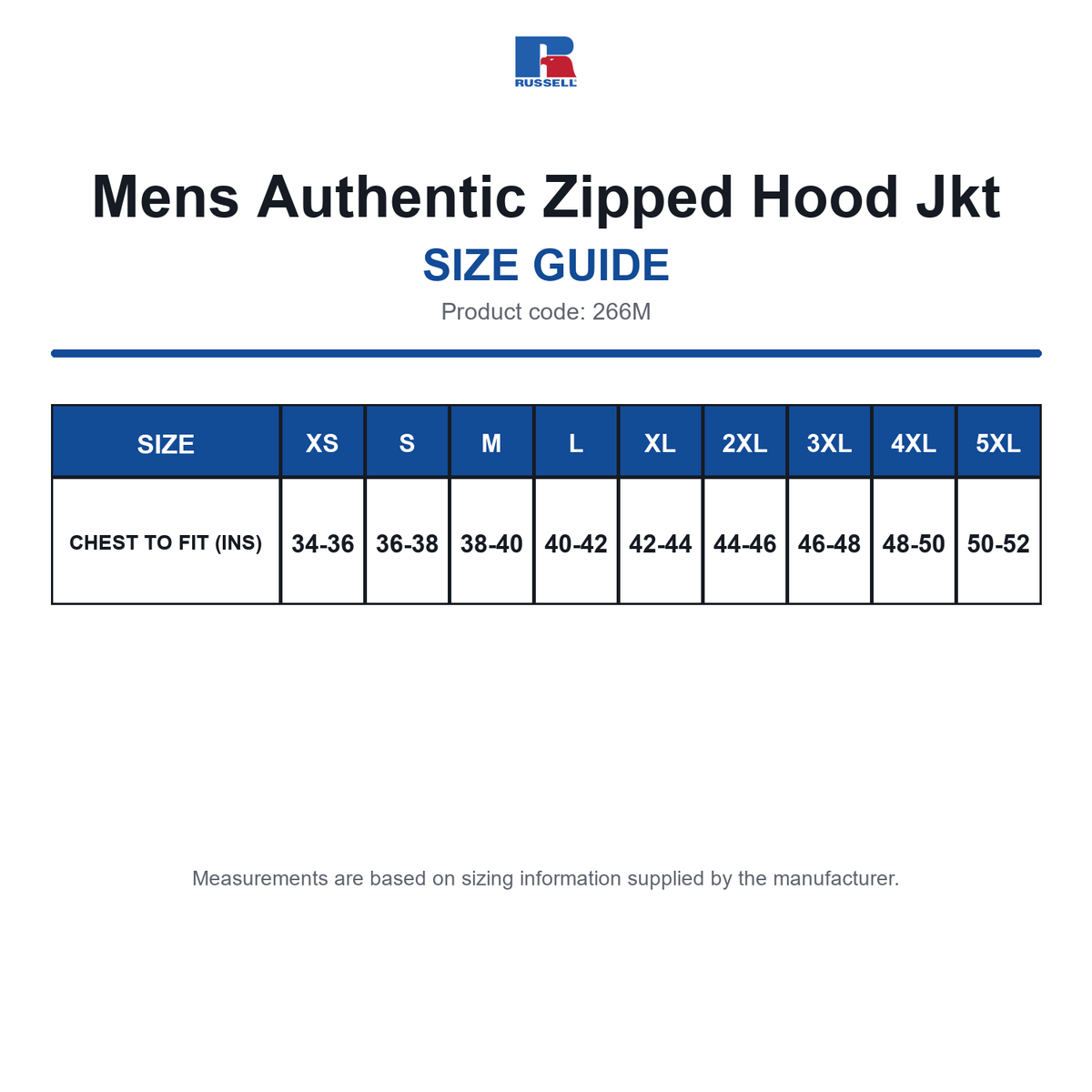 266M Russell Mens Authentic Zipped Hood Jkt size guide (266M)