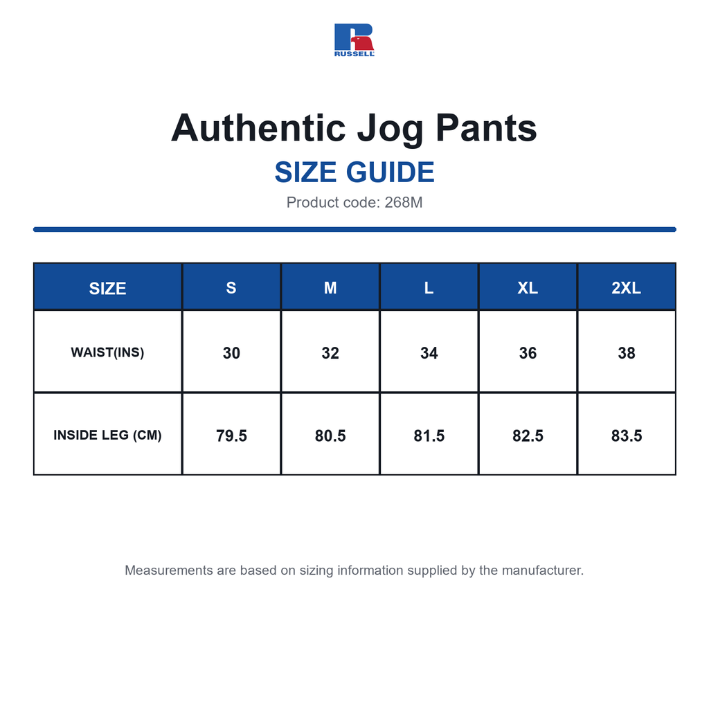 268M Russell Authentic Jog Pants size guide (268M)