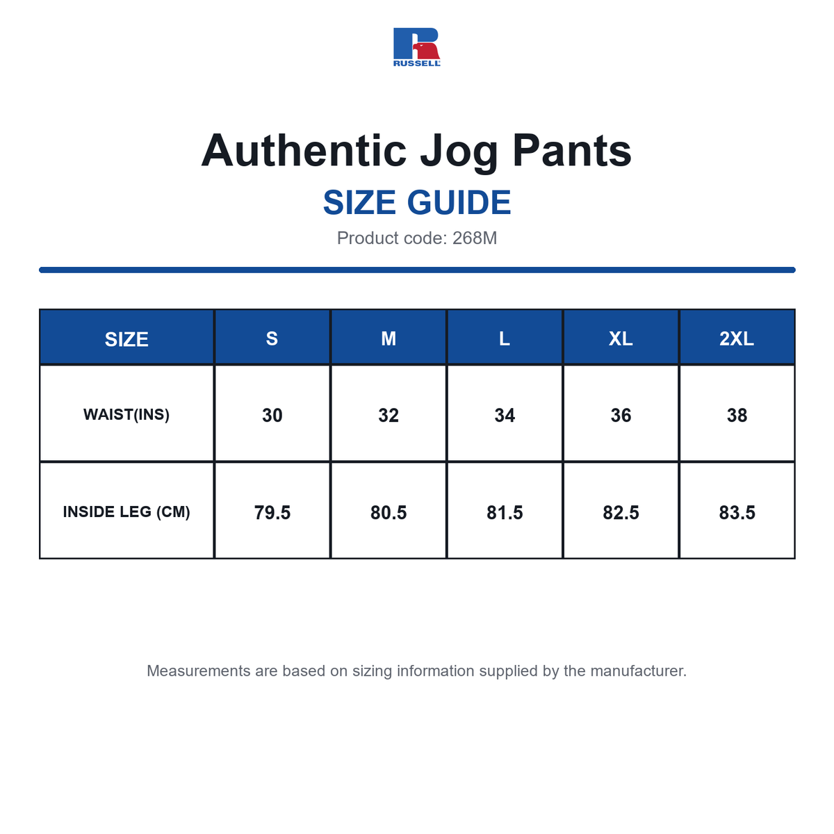 268M Russell Authentic Jog Pants size guide (268M)