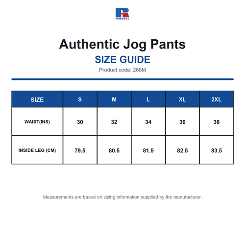 268M Russell Authentic Jog Pants size guide (268M)