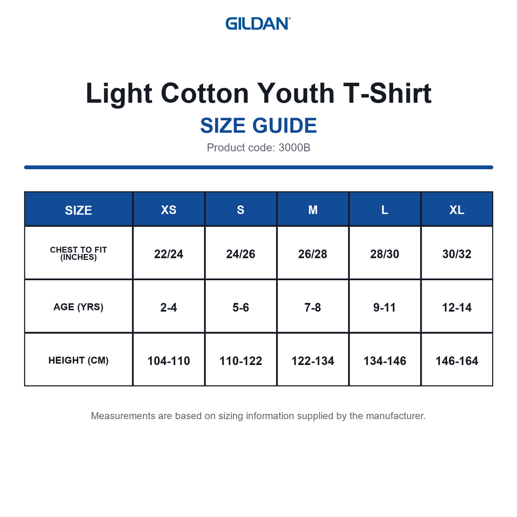 3000B Gildan Light Cotton Youth T-Shirt size guide (3000B)