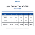 3000B Gildan Light Cotton Youth T-Shirt size guide (3000B)