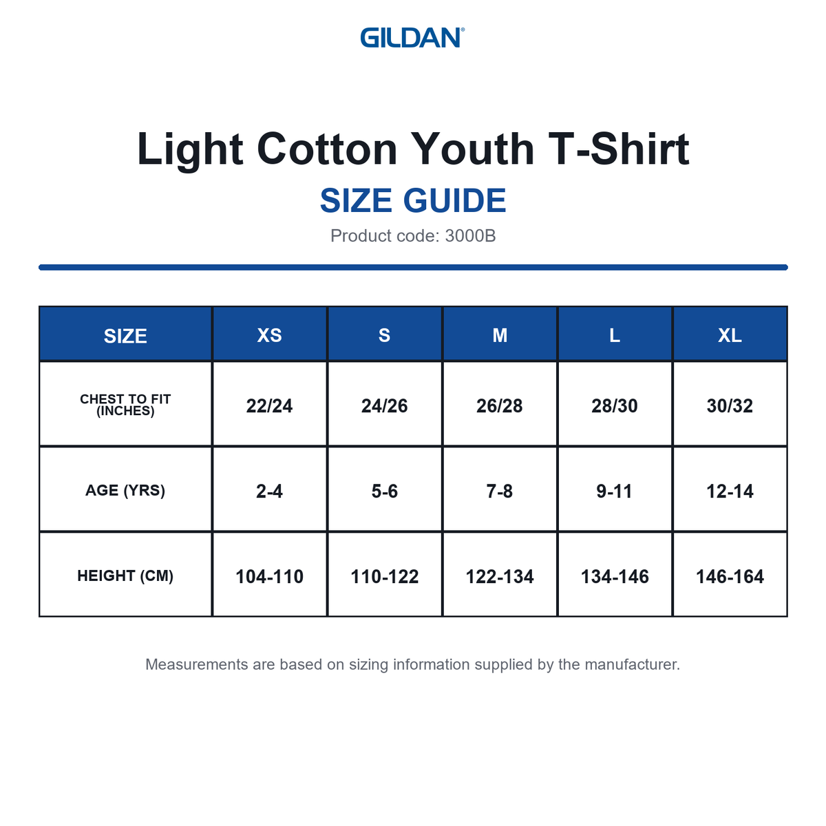 3000B Gildan Light Cotton Youth T-Shirt size guide (3000B)