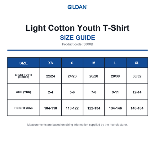 3000B Gildan Light Cotton Youth T-Shirt size guide (3000B)