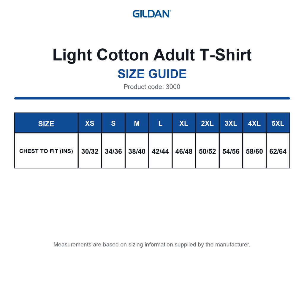 3000 Gildan Light Cotton Adult T-Shirt size guide (3000)