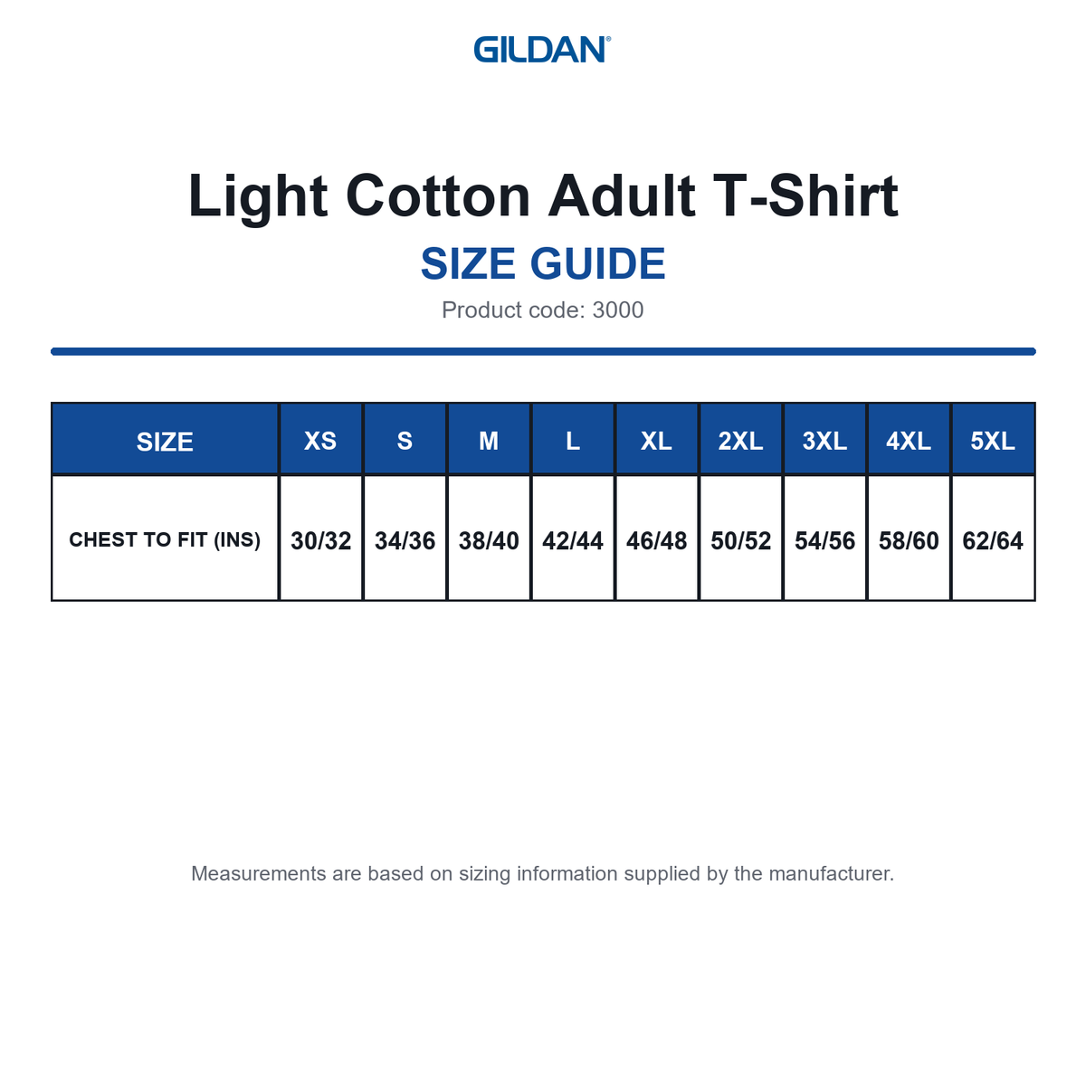 3000 Gildan Light Cotton Adult T-Shirt size guide (3000)