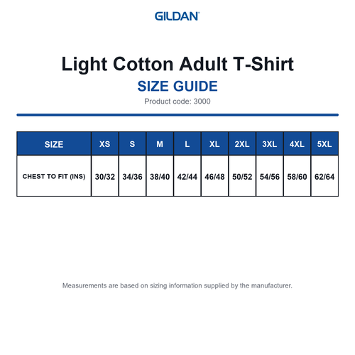 3000 Gildan Light Cotton Adult T-Shirt size guide (3000)
