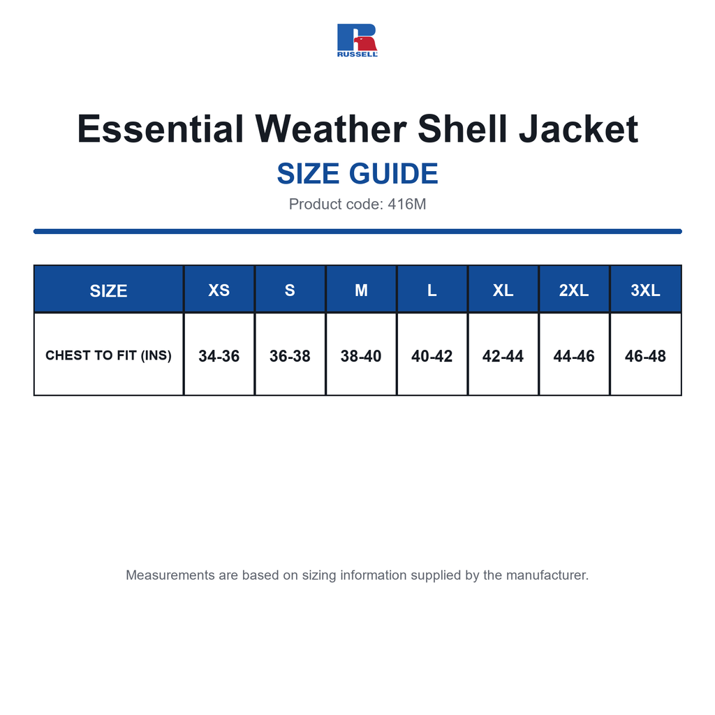 416M Russell Essential Weather Shell Jacket size guide (416M)
