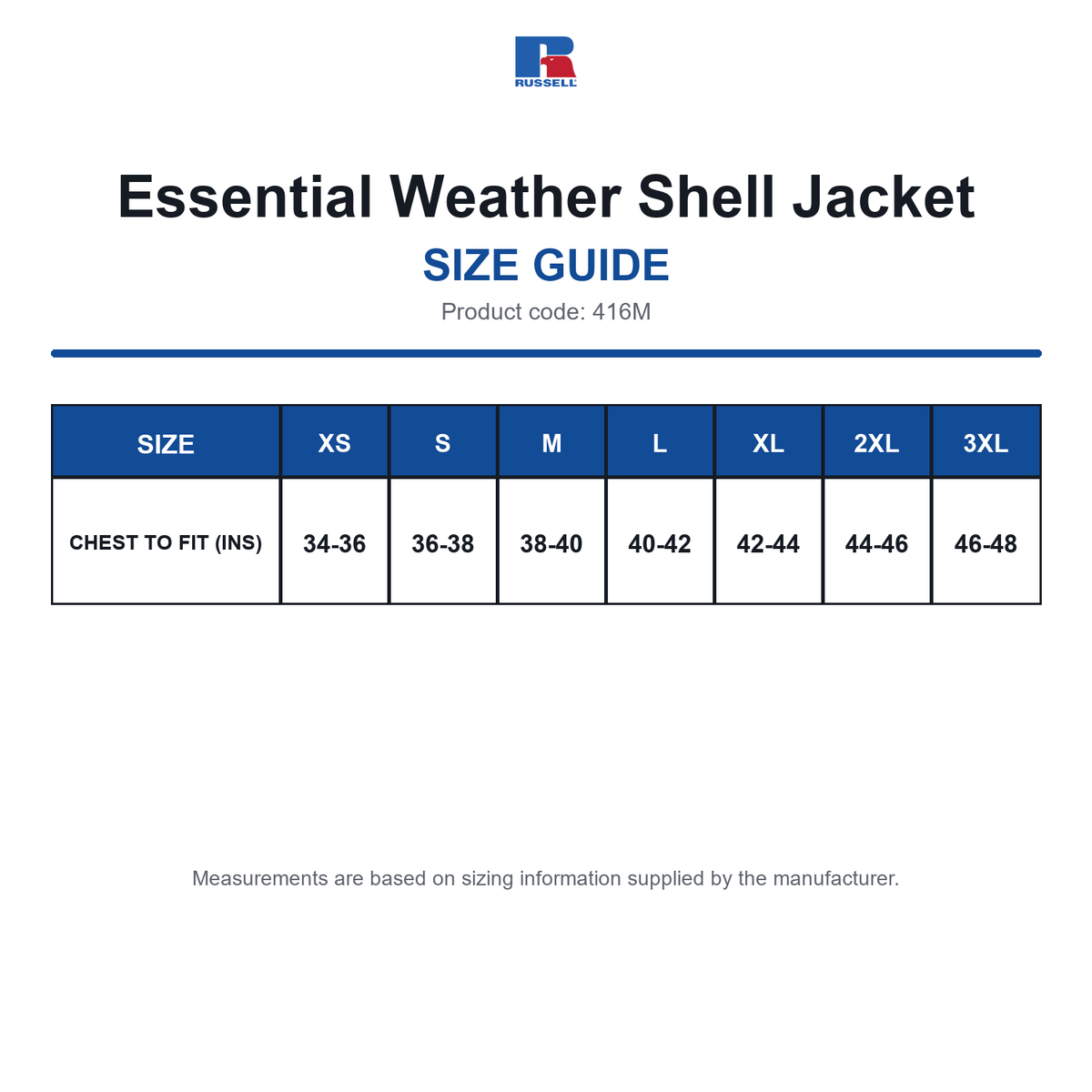 416M Russell Essential Weather Shell Jacket size guide (416M)