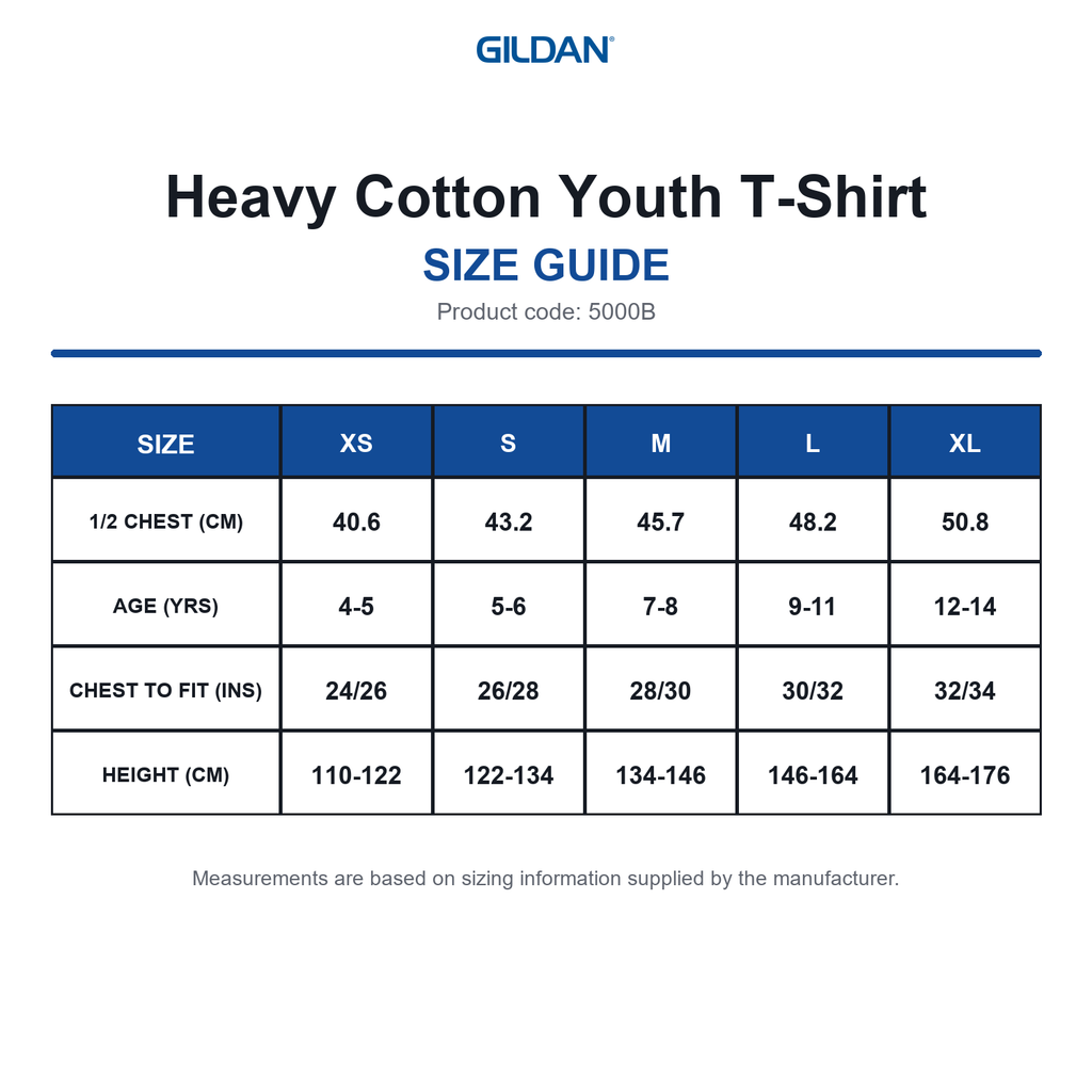5000B Gildan Heavy Cotton Youth T-Shirt size guide (5000B)