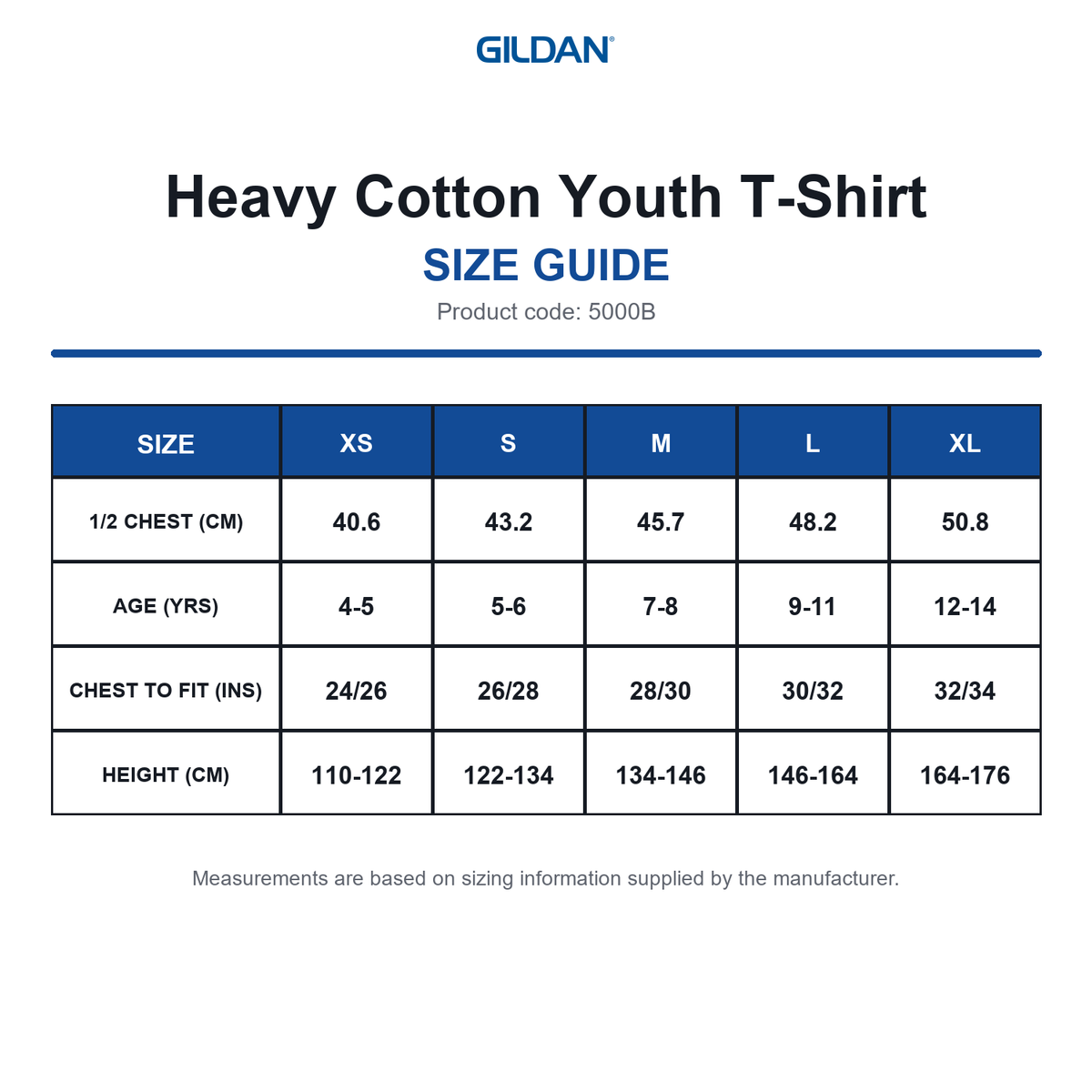 5000B Gildan Heavy Cotton Youth T-Shirt size guide (5000B)