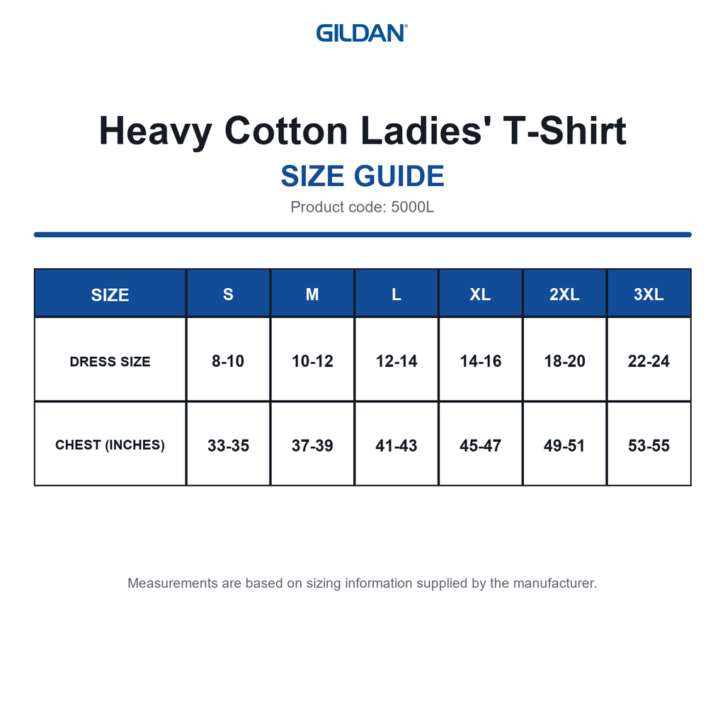 5000L Gildan Heavy Cotton Ladies' T-Shirt size guide (5000L)