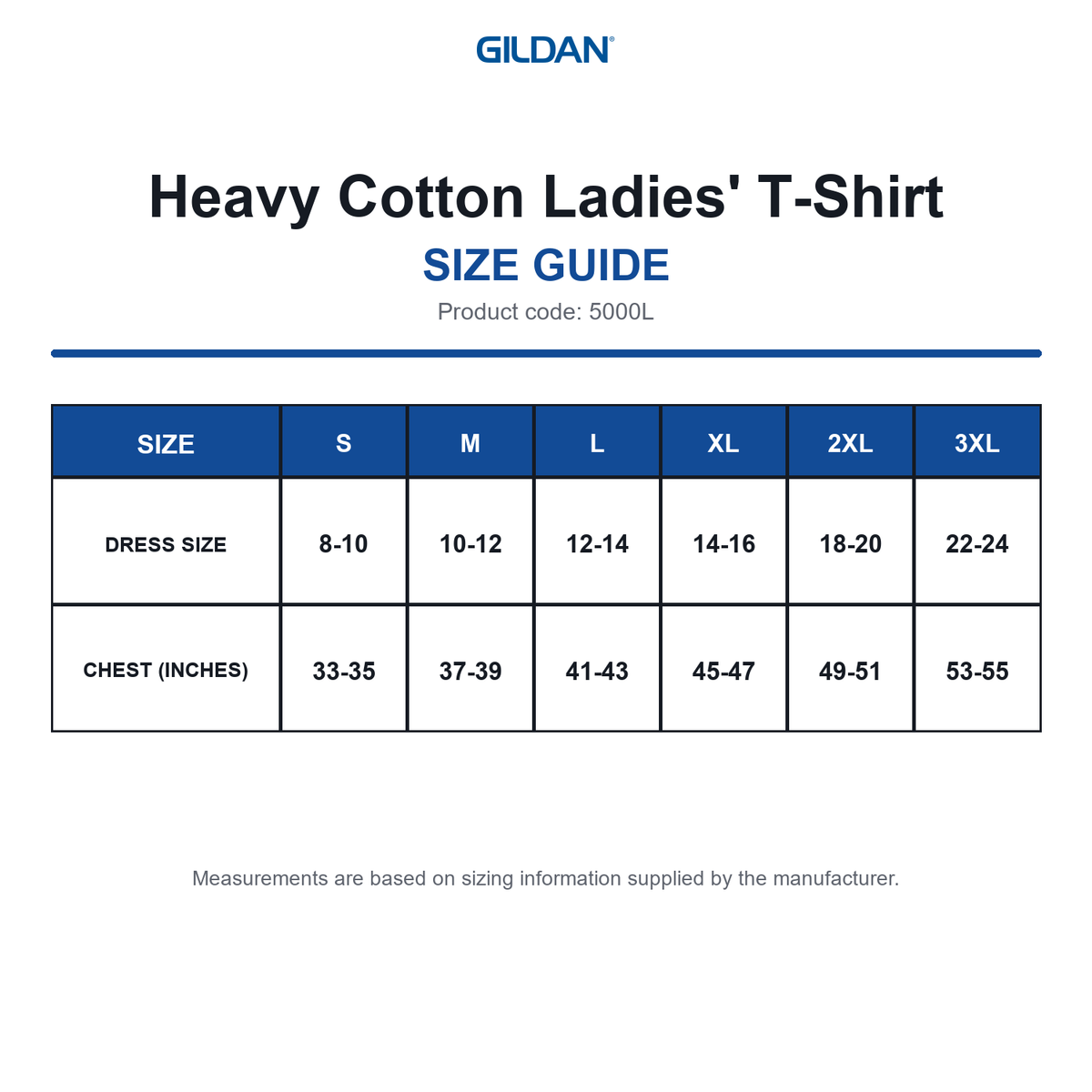 5000L Gildan Heavy Cotton Ladies' T-Shirt size guide (5000L)