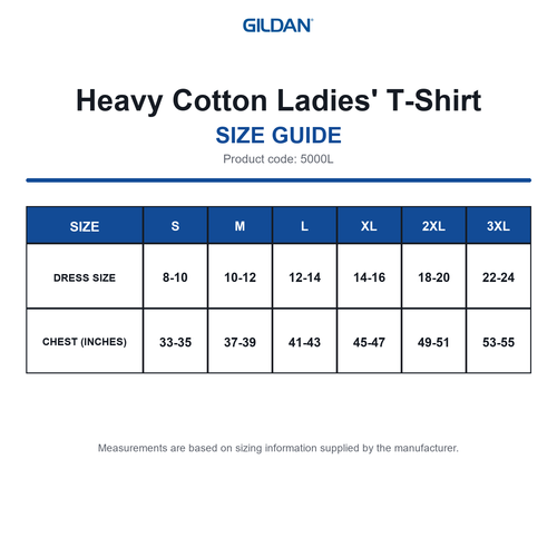 5000L Gildan Heavy Cotton Ladies' T-Shirt size guide (5000L)
