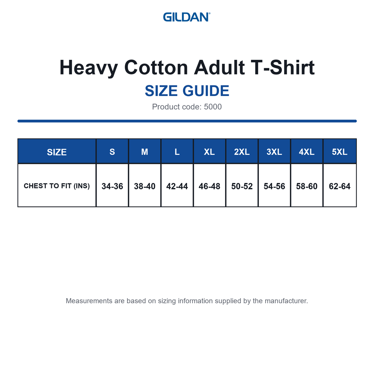 5000 Gildan Heavy Cotton Adult T-Shirt size guide (5000)
