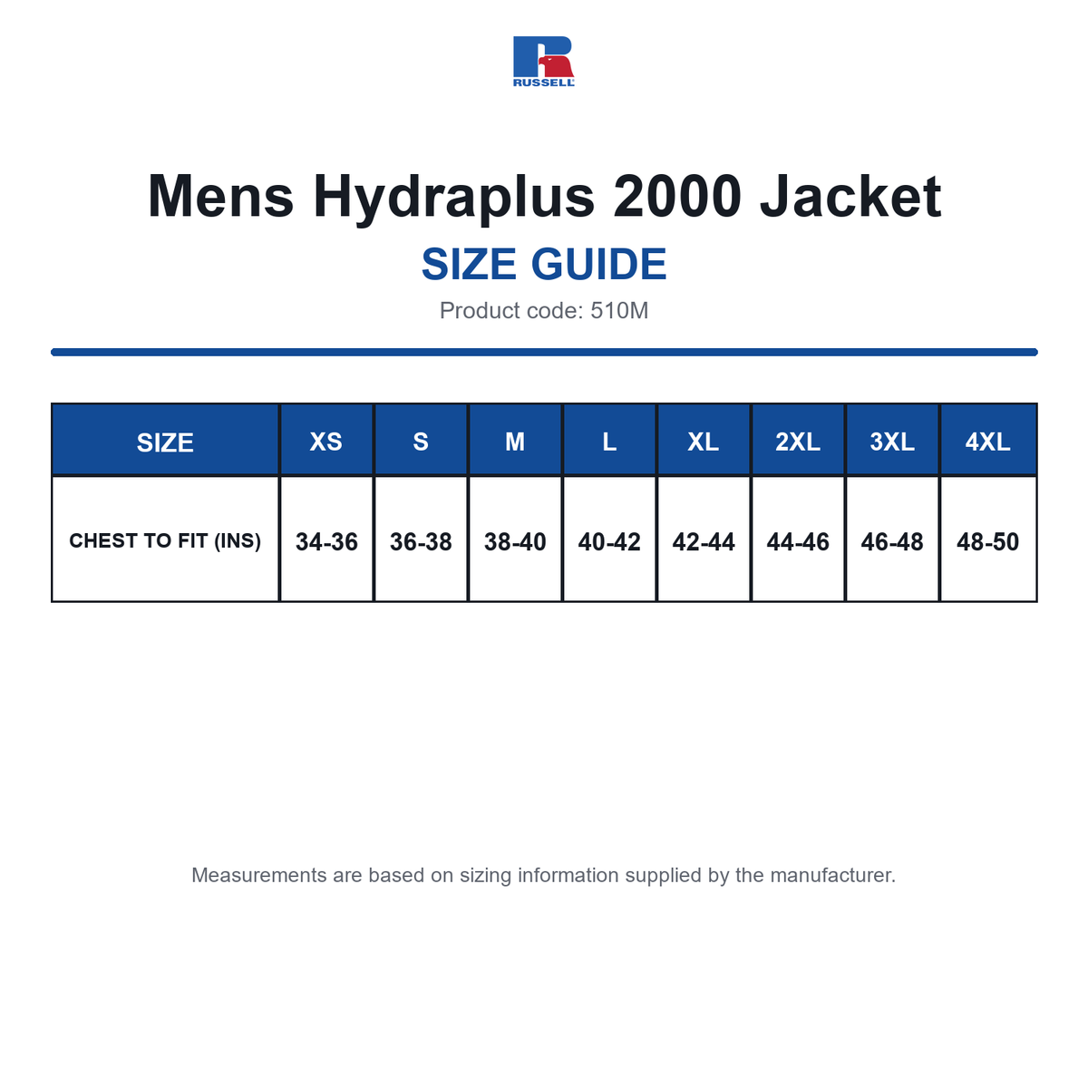 510M Russell Mens Hydraplus 2000 Jacket size guide (510M)