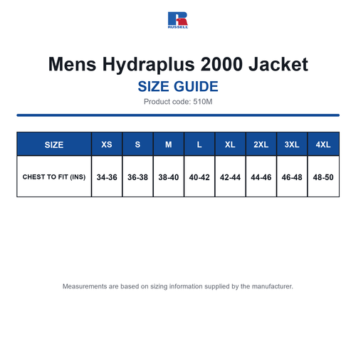 510M Russell Mens Hydraplus 2000 Jacket size guide (510M)