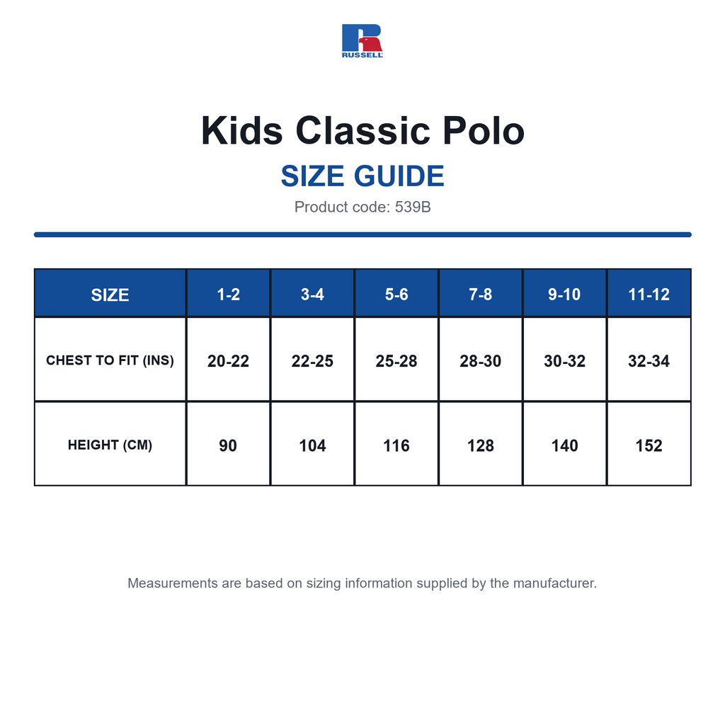 539B Russell Kids Classic Polo size guide (539B)
