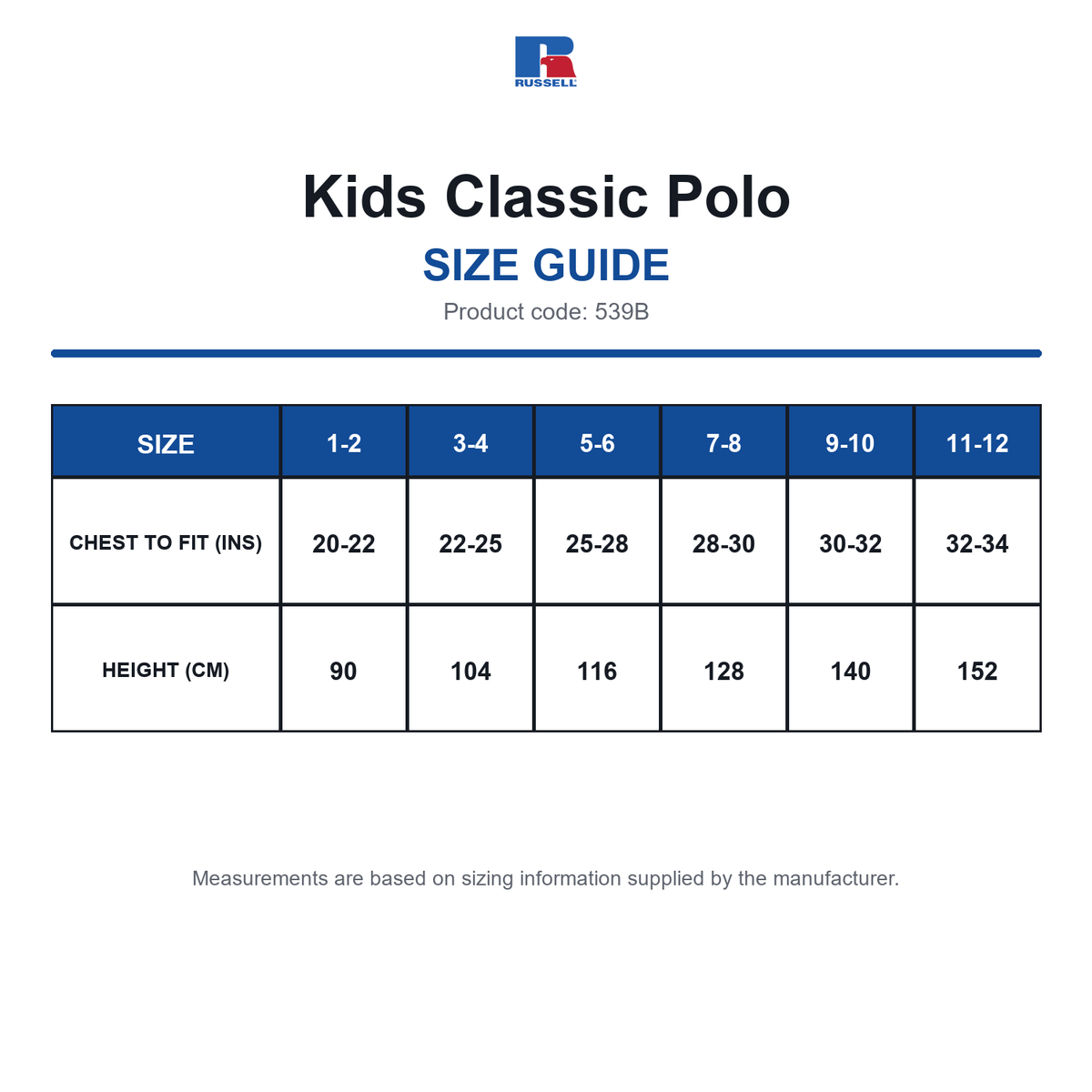 539B Russell Kids Classic Polo size guide (539B)