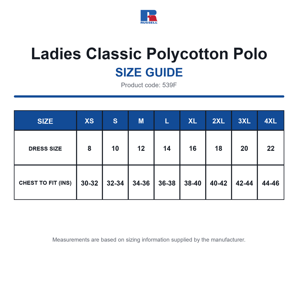 539F Russell Ladies Classic Polycotton Polo size guide (539F)