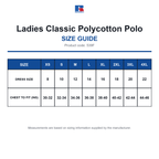 539F Russell Ladies Classic Polycotton Polo size guide (539F)