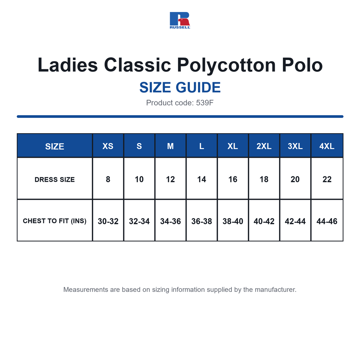 539F Russell Ladies Classic Polycotton Polo size guide (539F)
