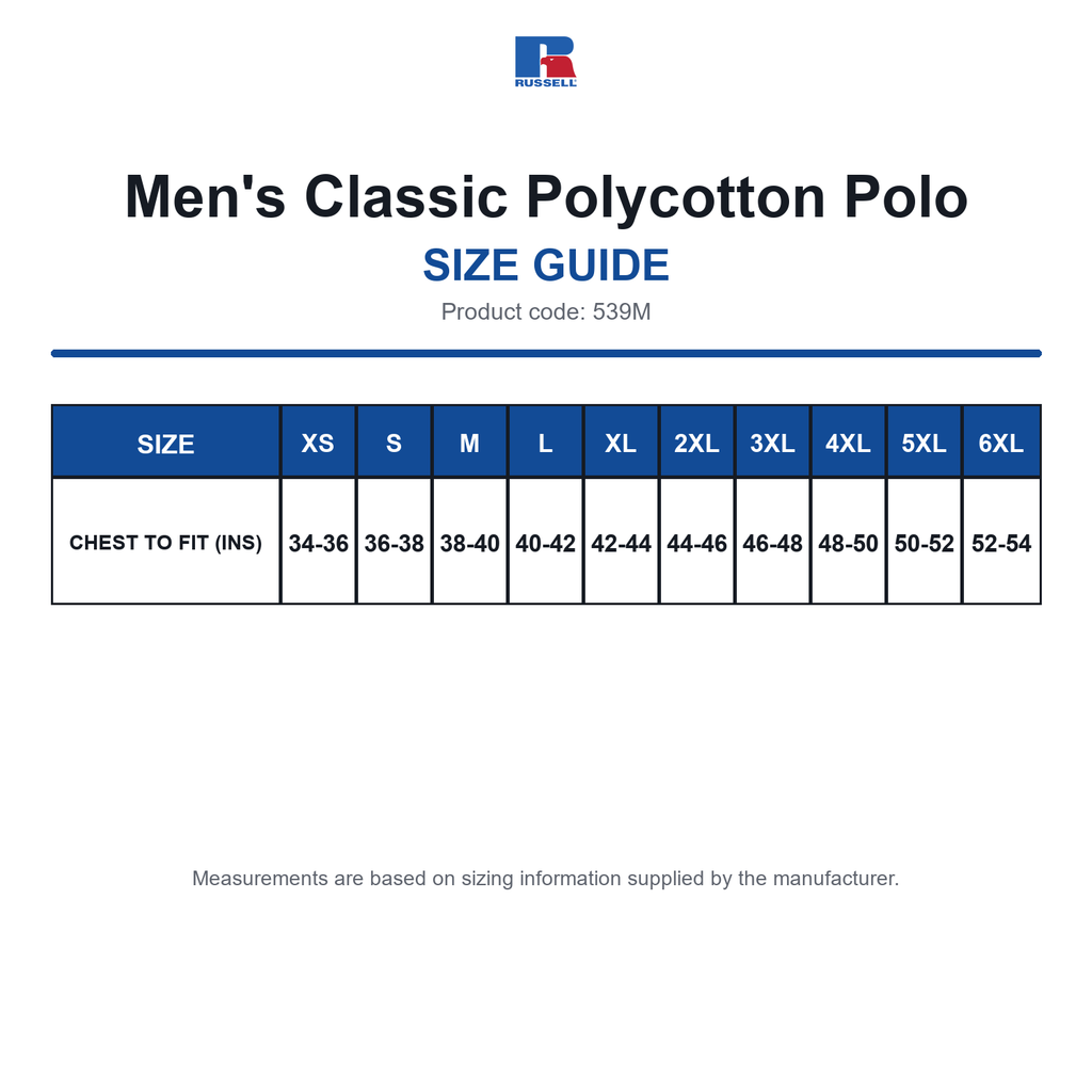 539M Russell Men's Classic Polycotton Polo size guide (539M)