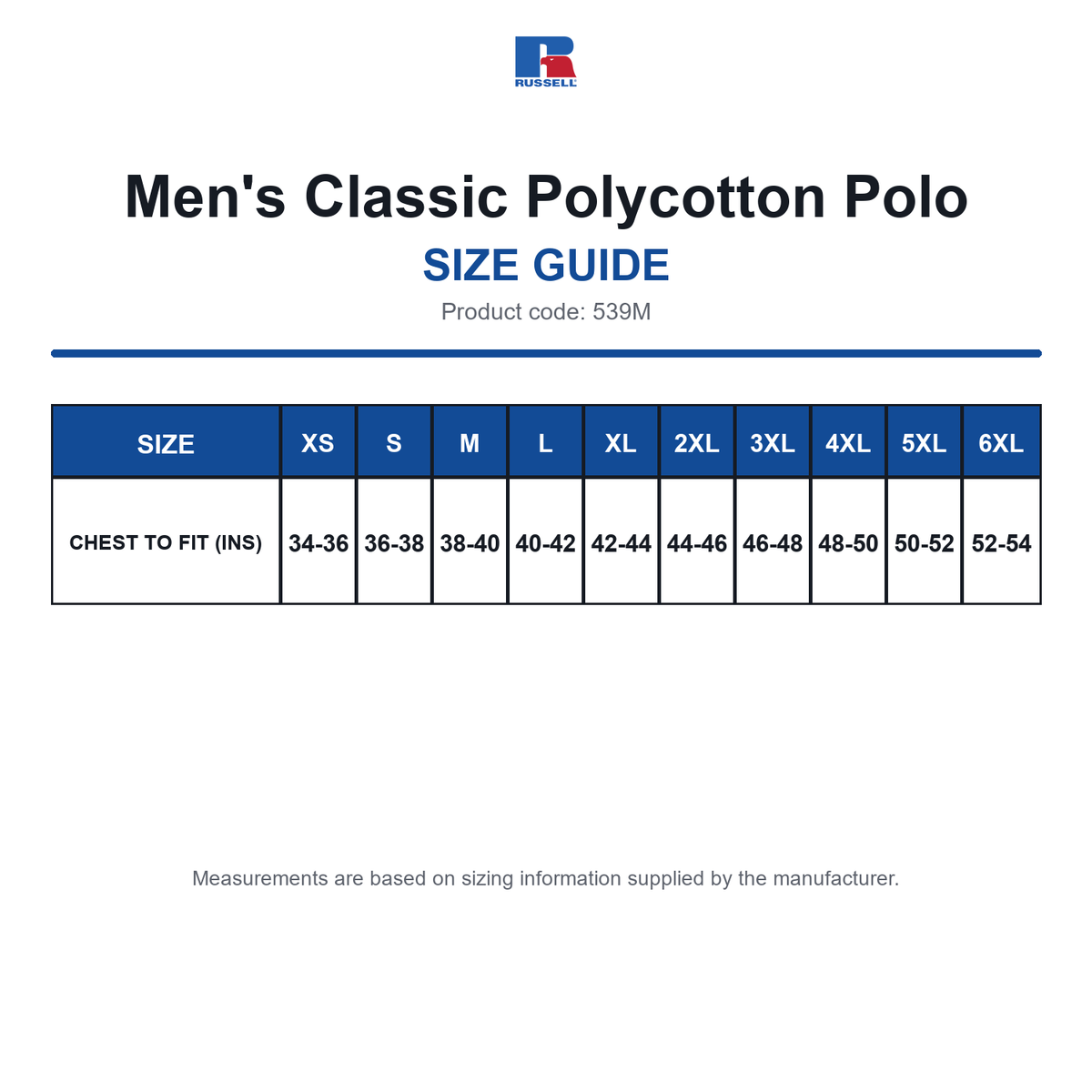 539M Russell Men's Classic Polycotton Polo size guide (539M)