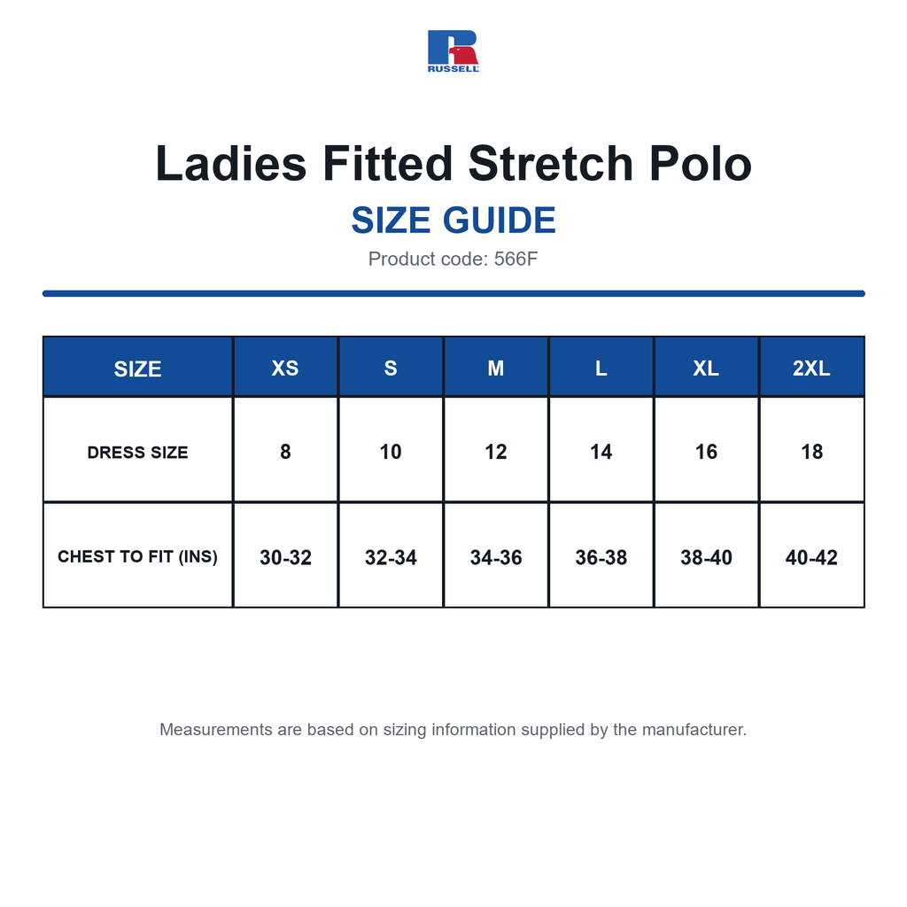 566F Russell Ladies Fitted Stretch Polo size guide (566F)