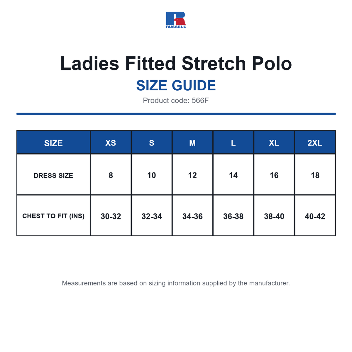 566F Russell Ladies Fitted Stretch Polo size guide (566F)