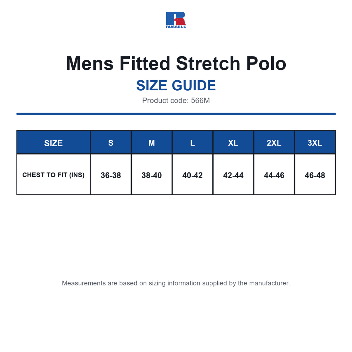 566M Russell Mens Fitted Stretch Polo size guide (566M)