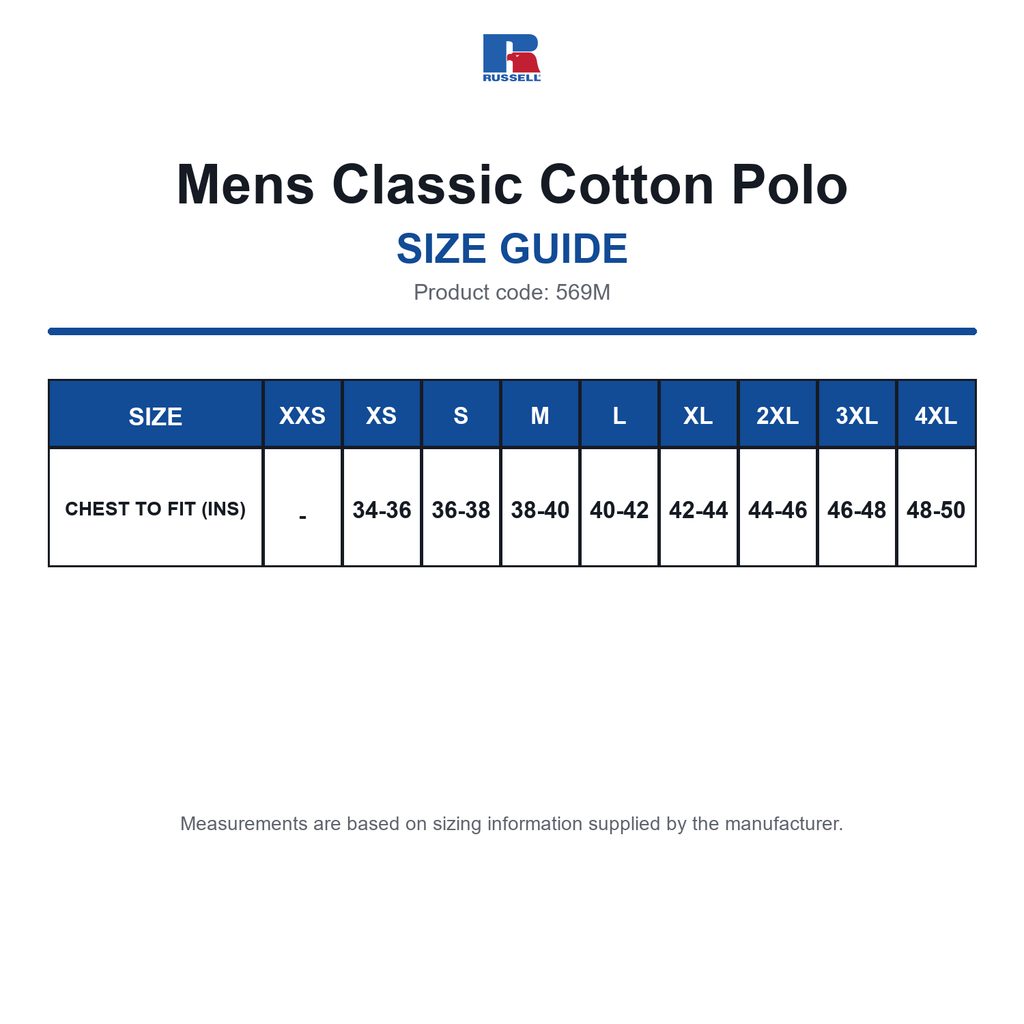 569M Russell Mens Classic Cotton Polo size guide (569M)