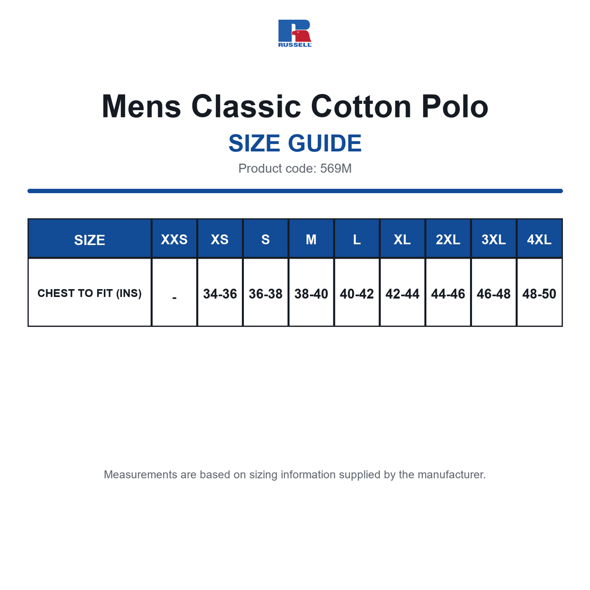 569M Russell Mens Classic Cotton Polo size guide (569M)