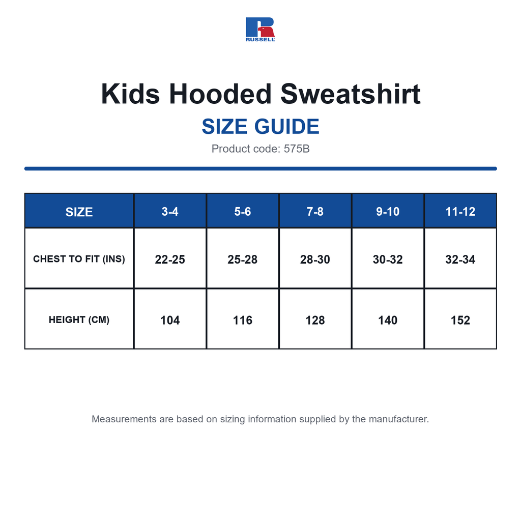 575B Russell Kids Hooded Sweatshirt size guide (575B)