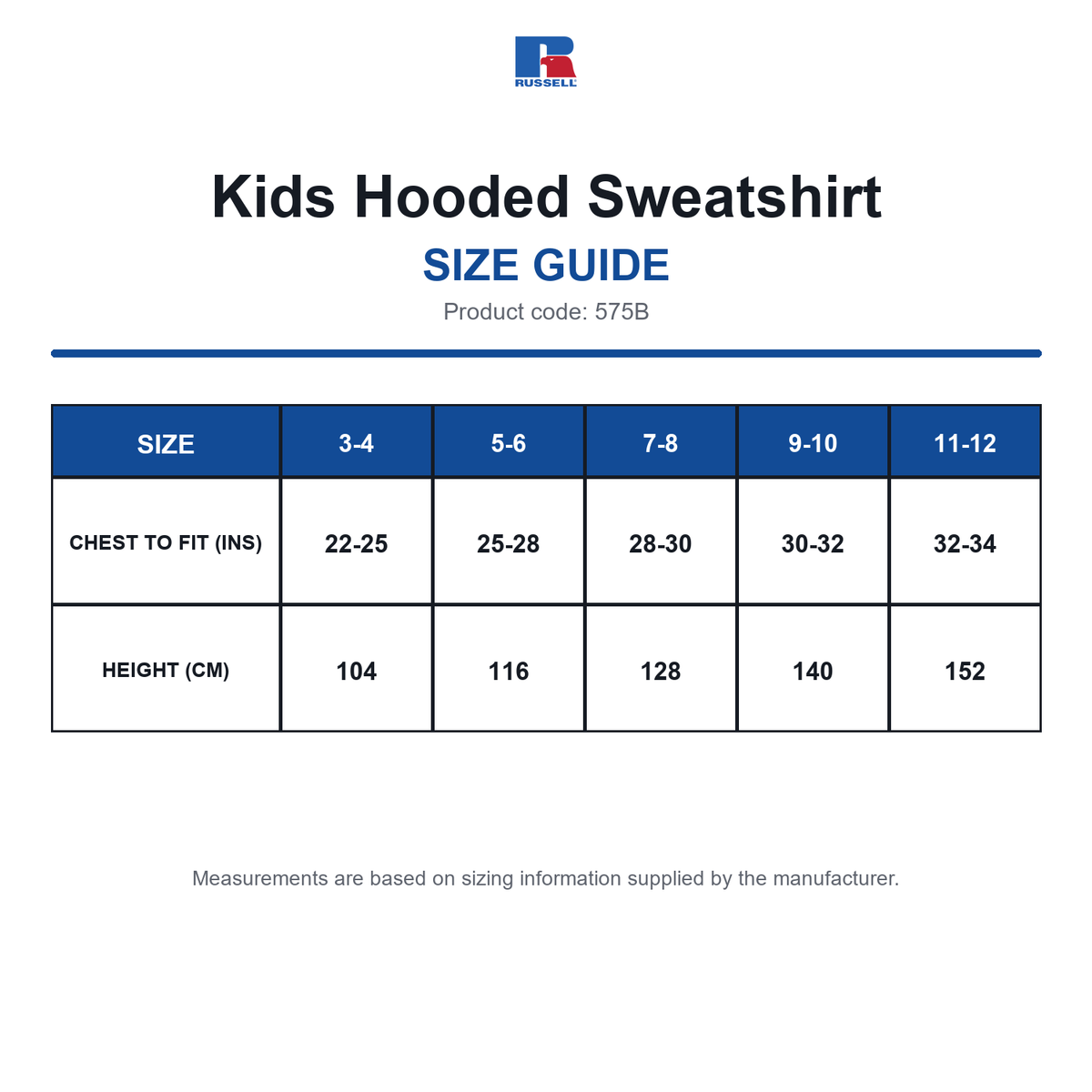 575B Russell Kids Hooded Sweatshirt size guide (575B)