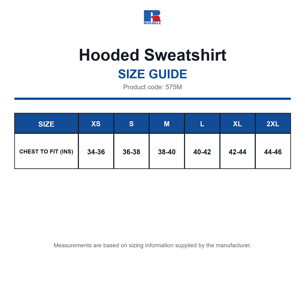 575M Russell Hooded Sweatshirt size guide (575M)