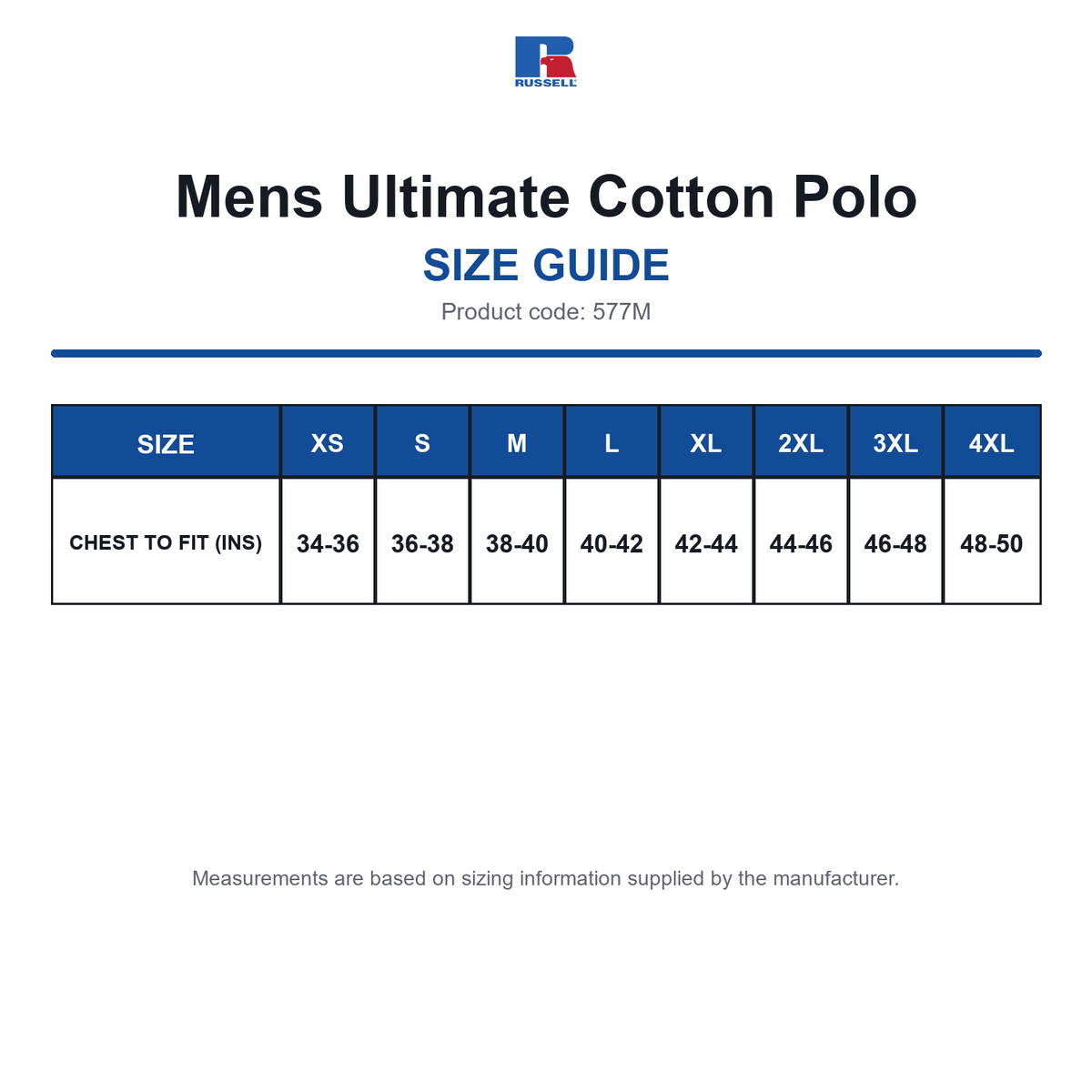 577M Russell Mens Ultimate Cotton Polo size guide (577M)