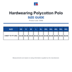 599M Russell Hardwearing Polycotton Polo size guide (599M)