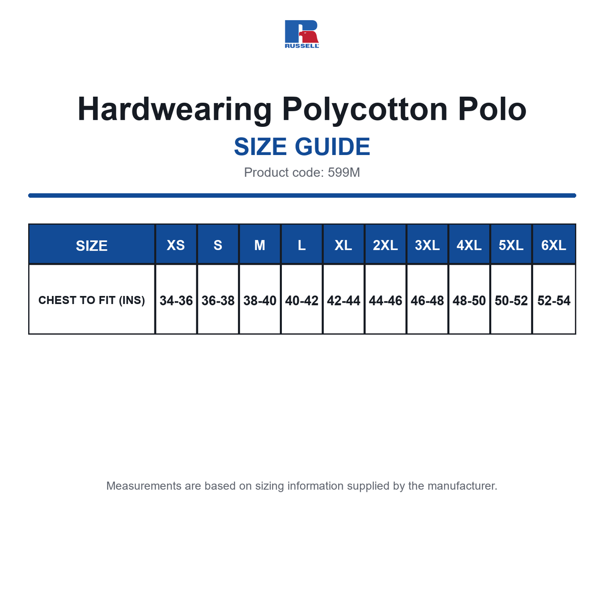 599M Russell Hardwearing Polycotton Polo size guide (599M)