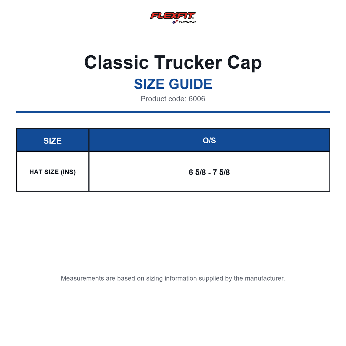 6006 Flexfit Classic Trucker Cap size guide (6006)