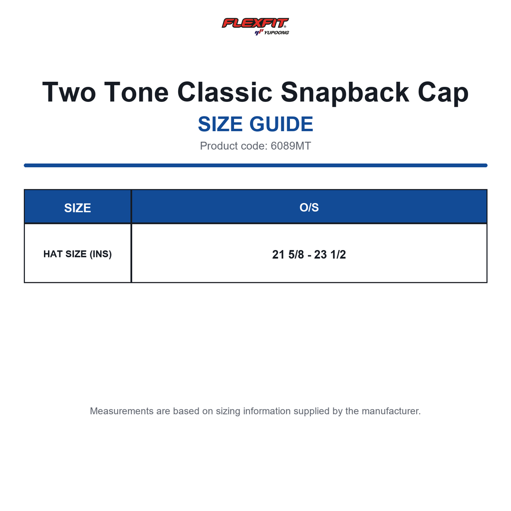 6089MT Flexfit Two Tone Classic Snapback Cap size guide (6089MT)